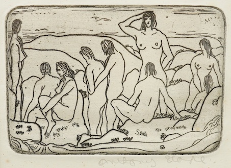 Anthony Slade (1908-1941), etching, Nudist figural group, signed in pencil and dated 1931 in the plate, 9 x 11.5cm. Condition - good